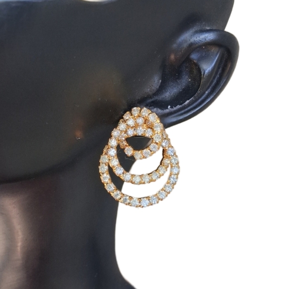 Vintage Y2K Triple Hoop Rhinestone Earrings – Gold Tone Glam Statement Jewelry - Picture 1 of 5